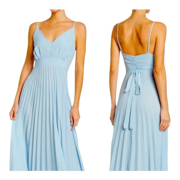 Kenedik Slate Blue Pleated Spaghetti Strap Waist Tie Women's Midi Dress Size M - Picture 2 of 7